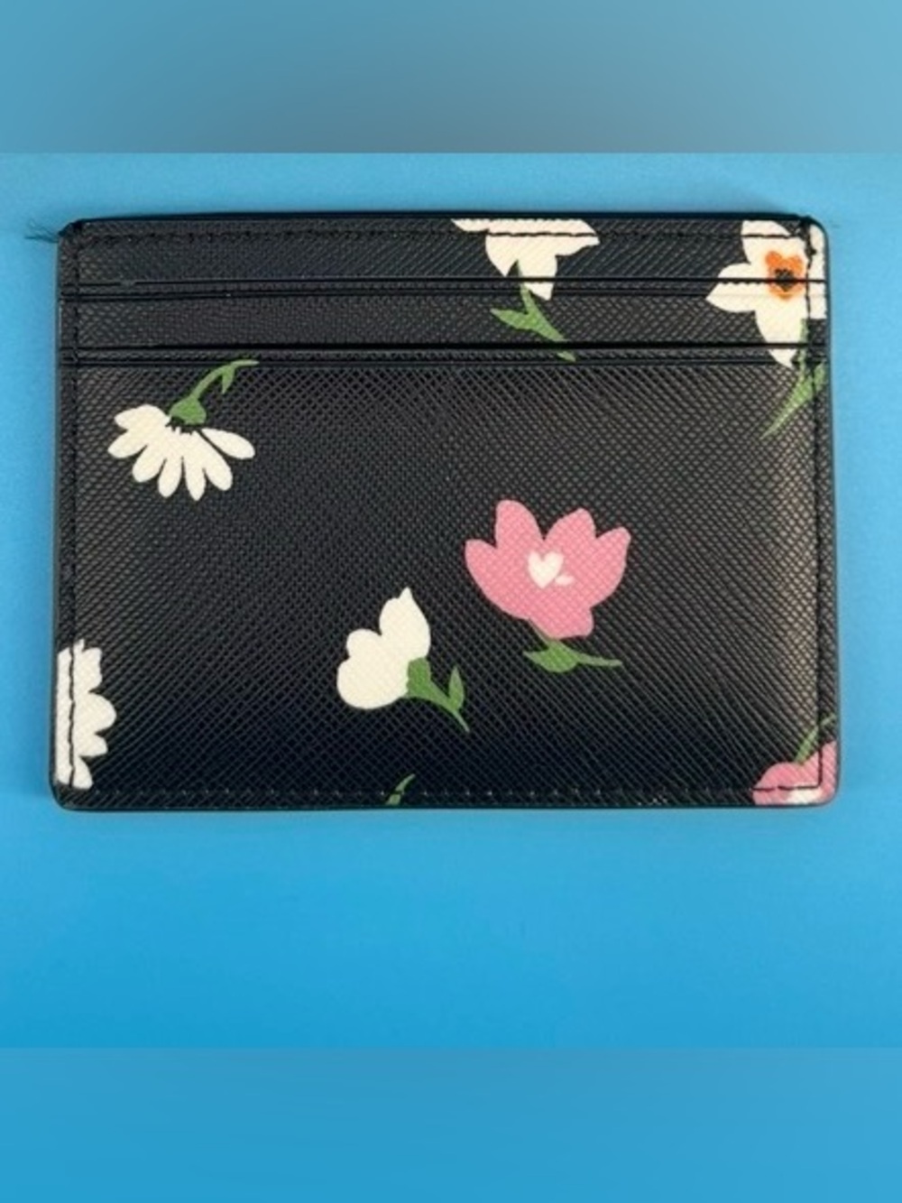 Kate Spade New York Black Saffiano Floral Daisy Card Holder Wallet - Picture 2 of 5